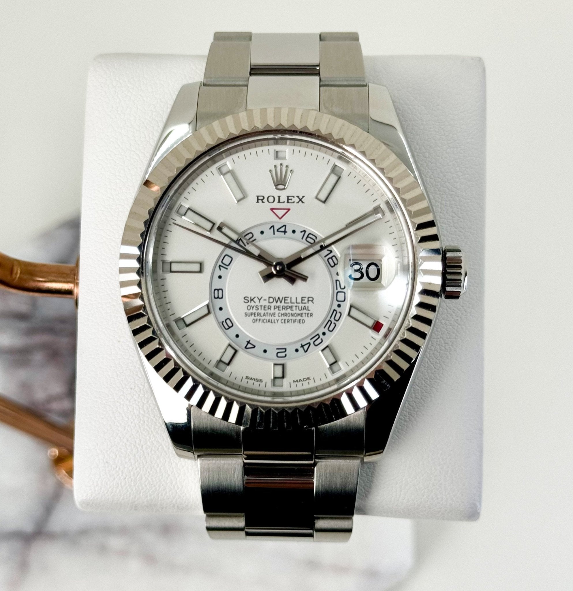 Rolex Sky-Dweller Stainless Steel White Index Dial Fluted White Gold Bezel Oyster Bracelet 326934 - Luxury Time NYC